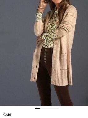 CAbi Steady Cardigan Sweater Oatmeal Shawl Collar Size M